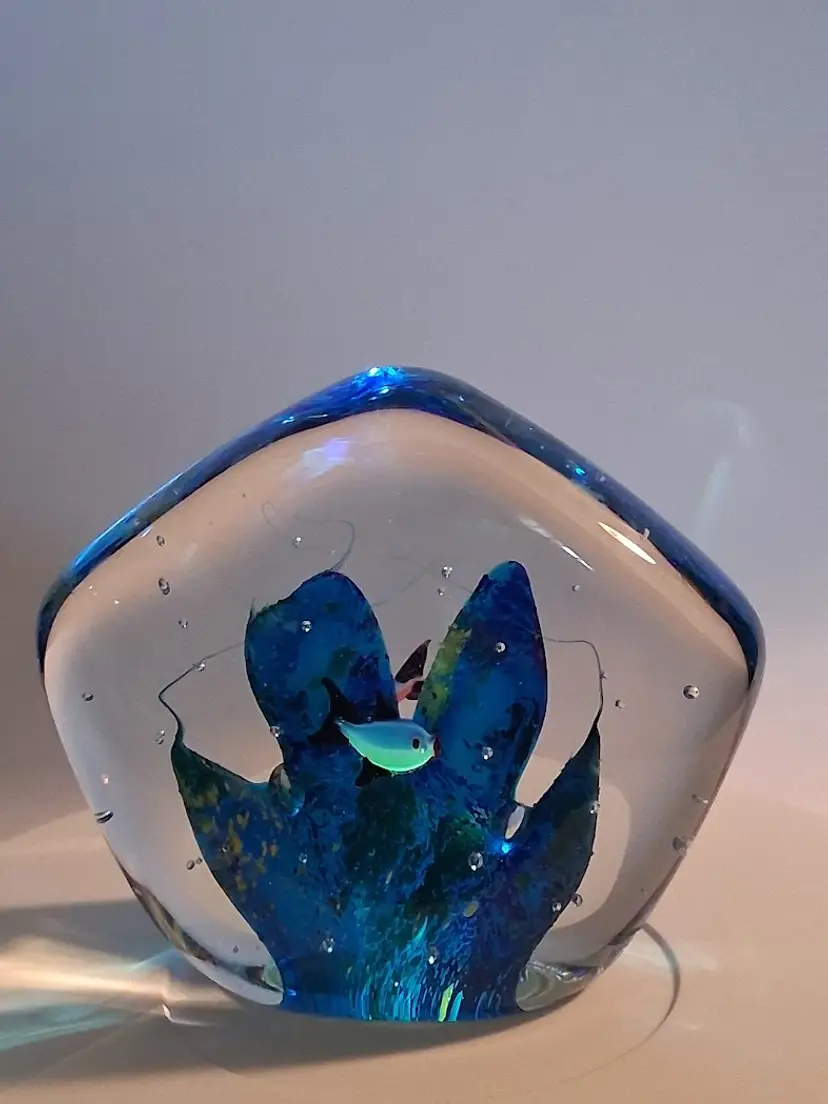 Vintage SDS Seapoot Art Glass Massive-Magnum 2-Fish 'Coral Reef' Aquarium Paperweight