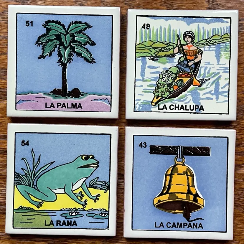 Loteria Pale Blue Destiny Decorative Talavera Tile Coaster Set of 4 Folk Art Clay Pottery Mexico