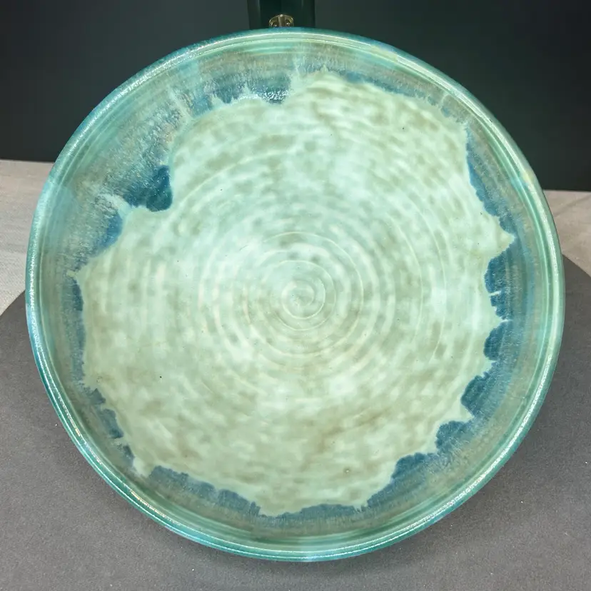 McCarty Pottery Blues/ Greens Bowl 9.25" Glazed Edge Artist Signed with Stand