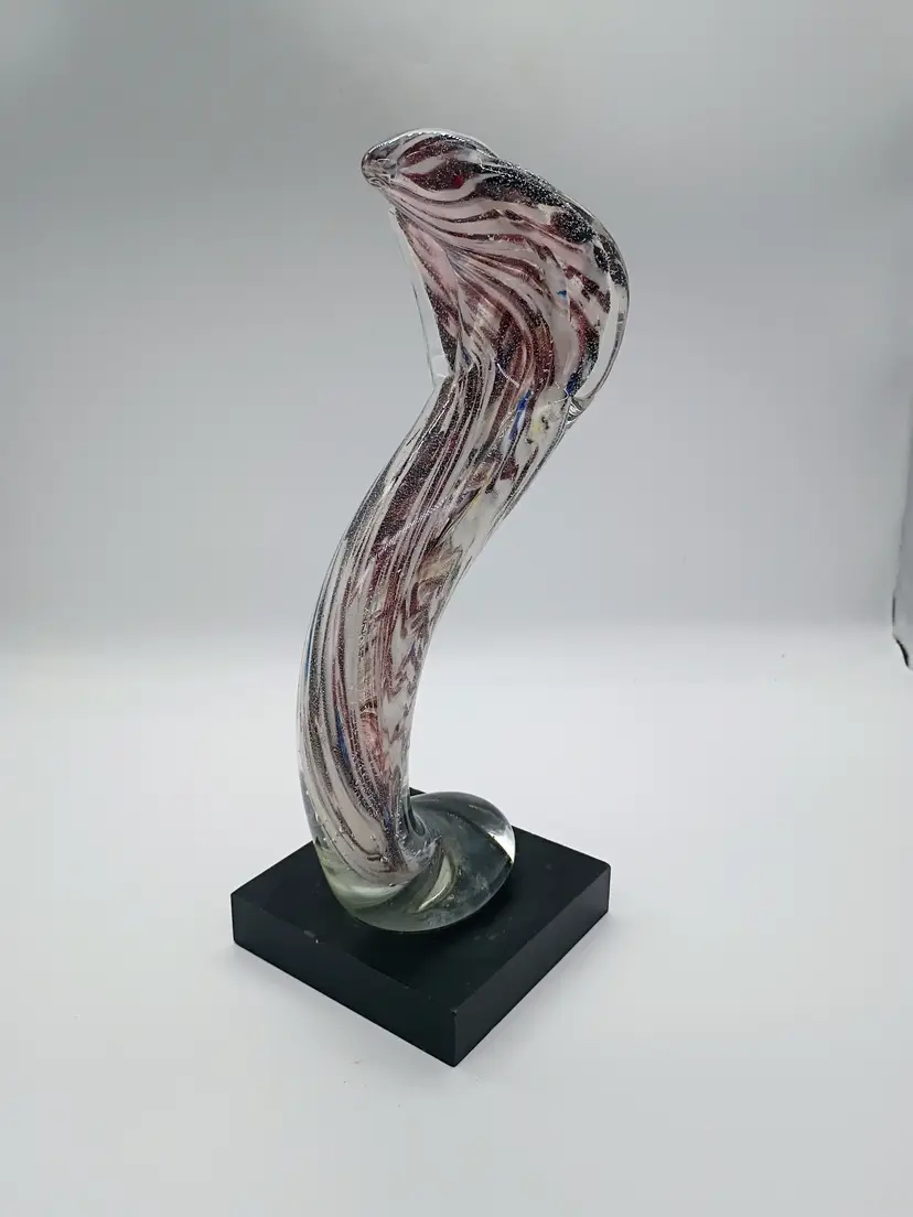 Vintage MCM Murano Art Glass Snake Cobra Sculpture on Black Italian  Marble Base Signed