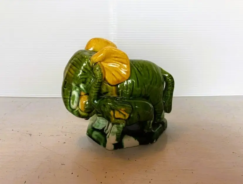 Green Ceramic Elephant with Baby Elephant
