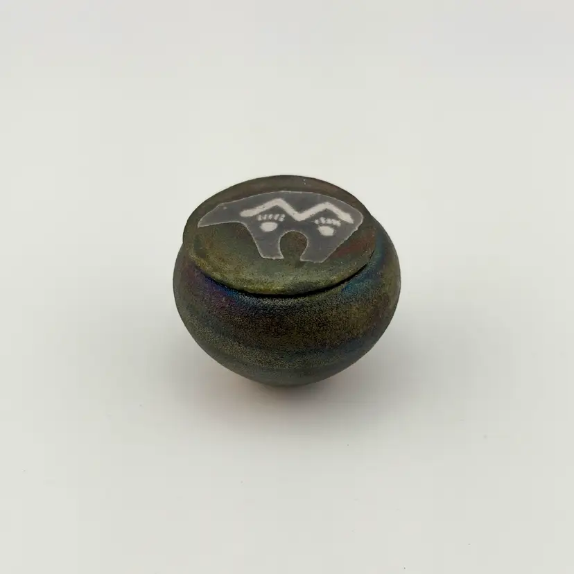 Jeremy Diller Raku Pottery Lidded Box With Bear 2”x 1.75”