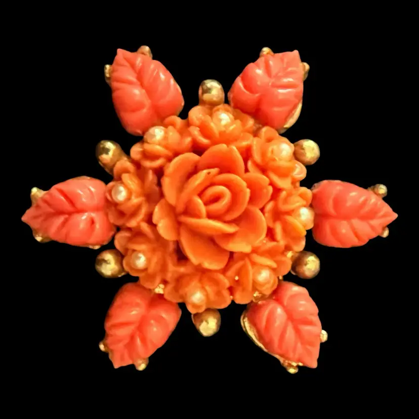 Carved Celluloid Flower Brooch 1.5”
