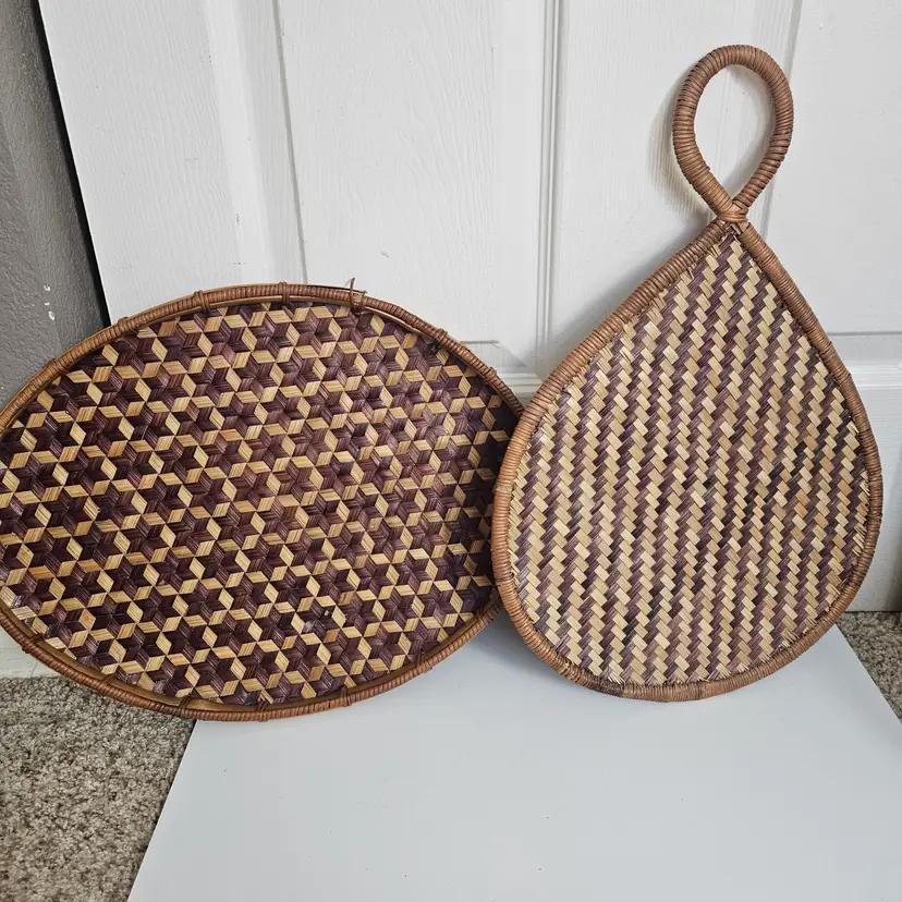 Vintage Rattan Tray Baskets Leaf Fan Boho Decor