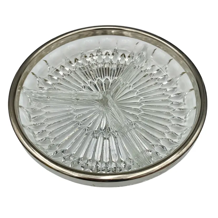 Vintage Crystal Divided Dish, 9" , Silver Plate Band, Snacks/Relishes/Candy