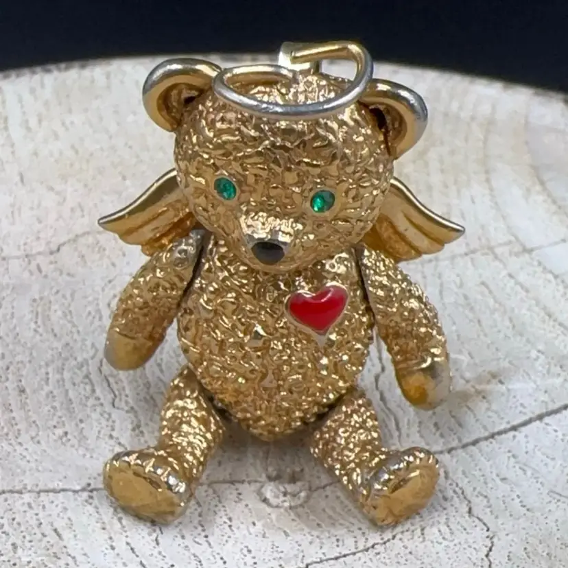 BATVA Golden Tone  Jointed Teddy Bear Pendant, Broach, 1990 Green Eyes signed