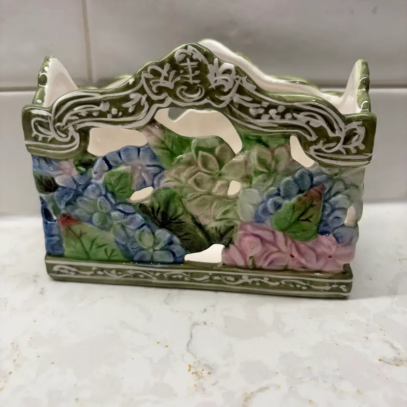 Vtg Ceramic Napkin Holder Floral Hydrangea Majolica Style Letter Holder