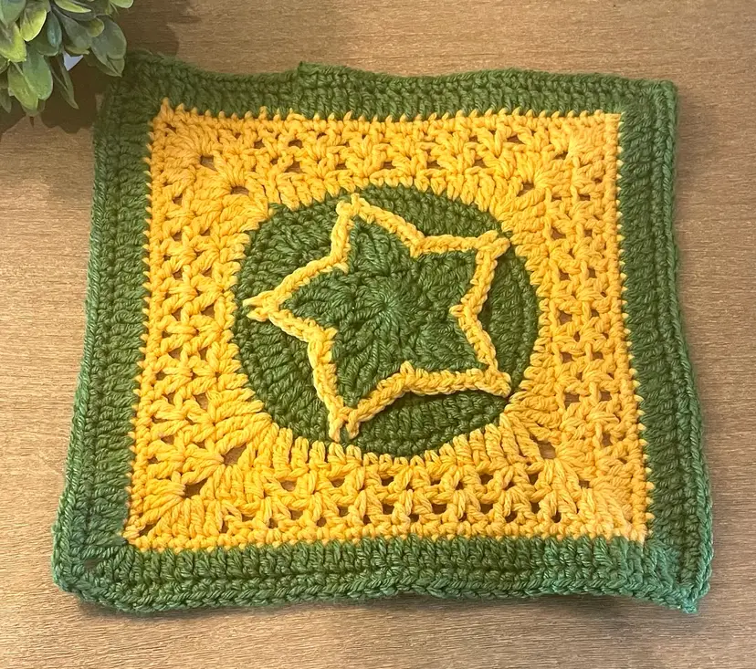 Handmade Crochet Star Granny Square – Celestial Forest Green & Gold Afghan Motif Block / Table Setting