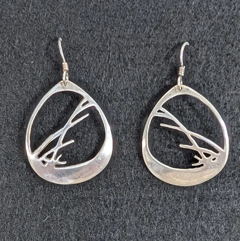 Vintage D. Stewart Sterling Silver Artisan Cutout Branch Dangle Earrings Signed