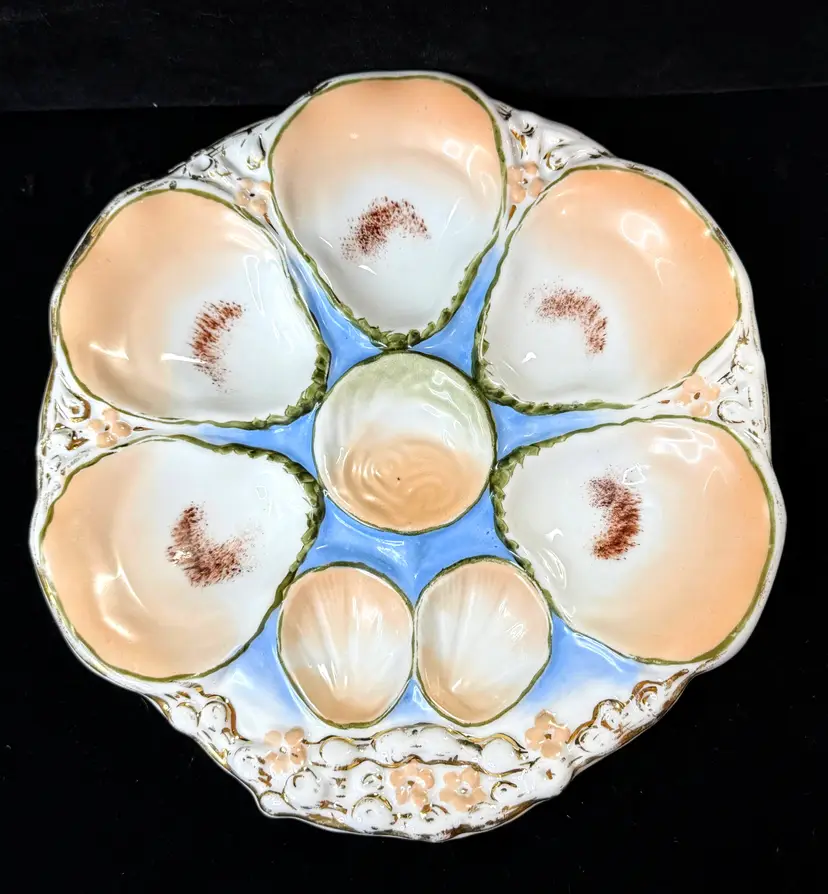 Antique Carl Tielsch CT Germany 6-Well Oyster Plate Peach Blue 9.5" Mint A1245