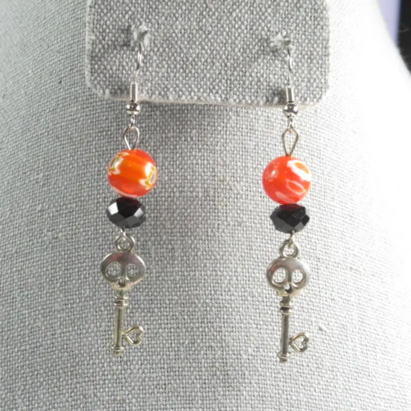 Skeleton Key Halloween earrings with orange glass millefiori beads, handmade