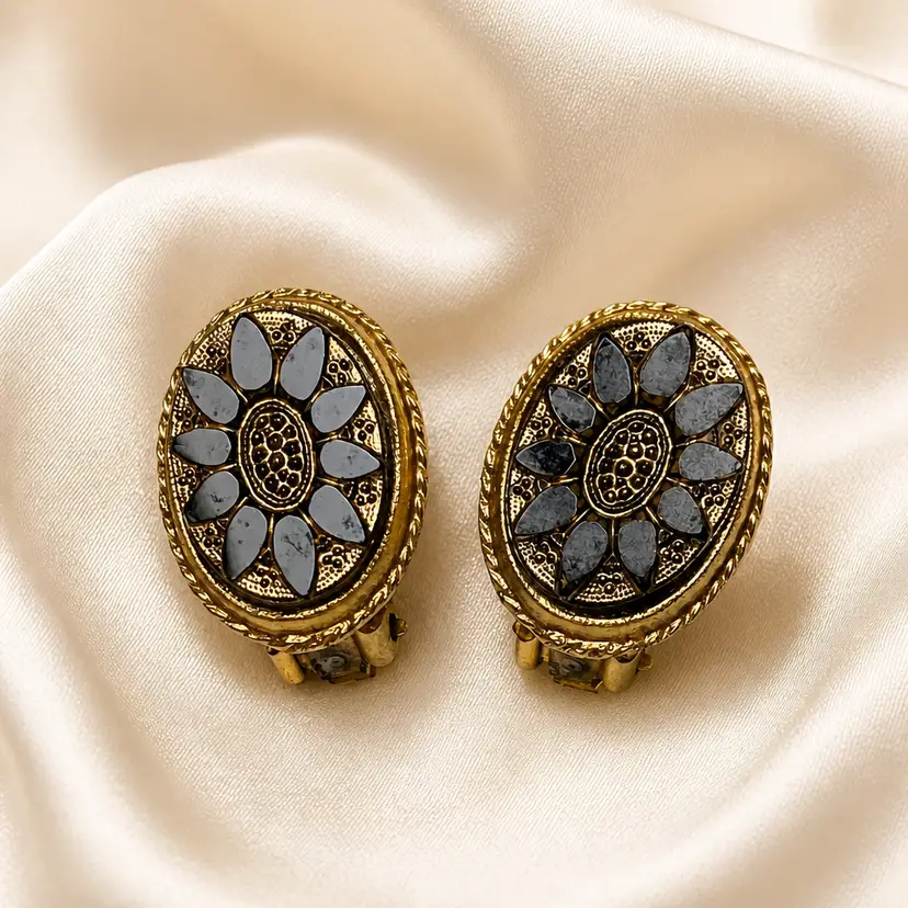 Victorian Revival  Clip On Earrings w/ Goldtone Metal & Black Glass Petals