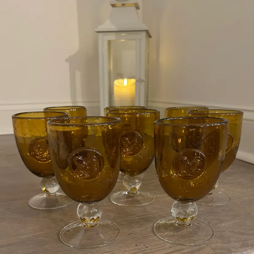 Set Of 8 Retired Pier One Amber Goblets Round Embossed Medallion Bubble Glass 6”