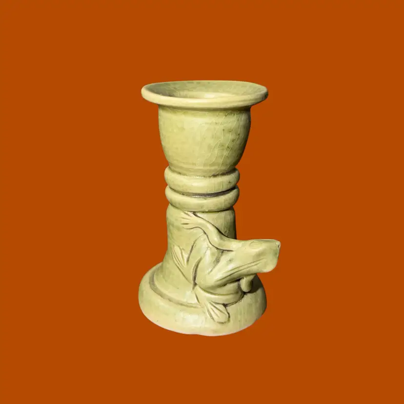 Vintage Figural Frog Taper Candle Holder Green Art Pottery 3.25” Whimsical Decor