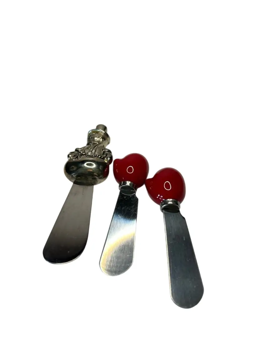 Lot Of 3 Christmas Themed Cheese Spreader 2 Red Mittens @3 3/4 Snowman @5”