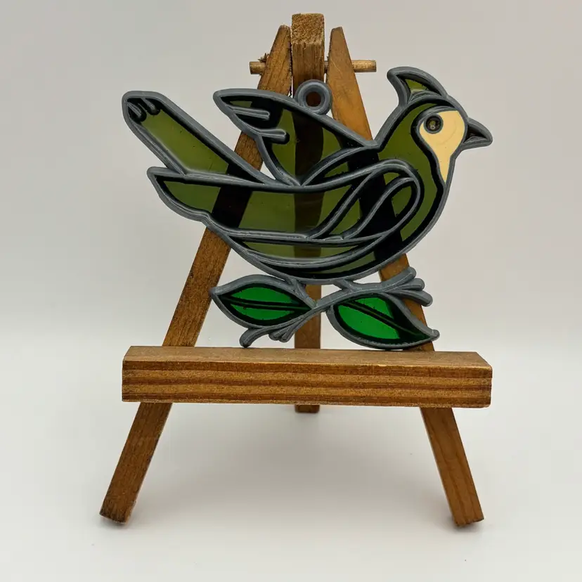Vintage Resin Sun Catcher Hanging Ornament Green Bird on Branch/Perch 3.5”