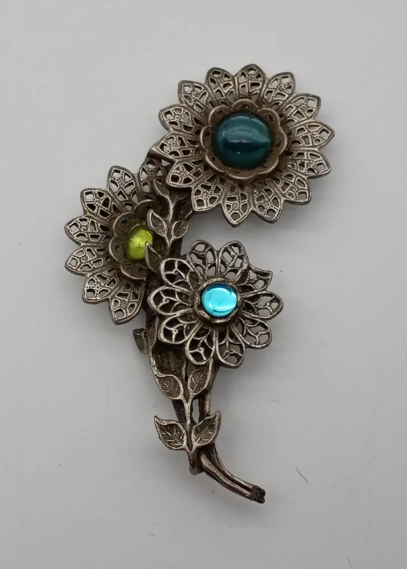 Vintage Triple Flower Brooch ~ Silver Tone Filigree Petals ~ KC Kenneth Cole Pin ~ Blue & Green Stone