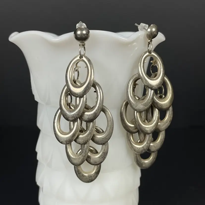 Long Oval Cascade Chandelier Earrings Silver Tone Dangle Statement Vintage 3"