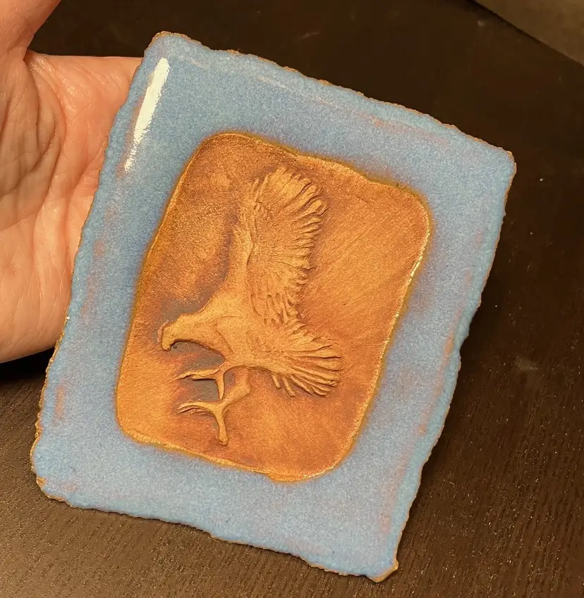 Handmade Studio Pottery Decorative Wall Tile Copper-toned Embossed Eagle Relief