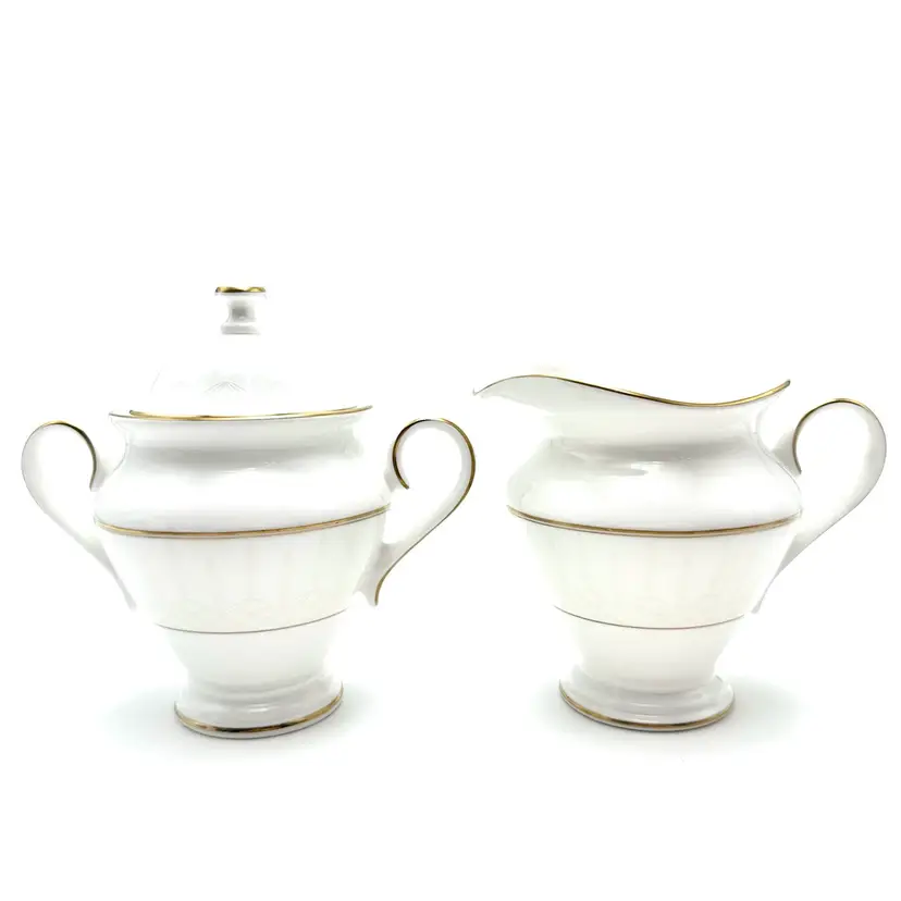 Waterford Lismore Fine English China Sugar Creamer Set White Gold Accent Made In England