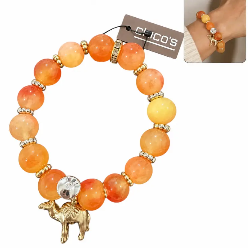 Chicos Orange Beaded Stretchy Camel Statement Bracelet New Gift Gold