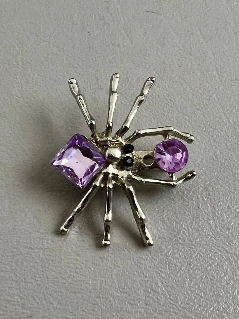 Purple Rhinestone Spider Brooch Silver Tone Costume Jewelry Pin Black Eyes