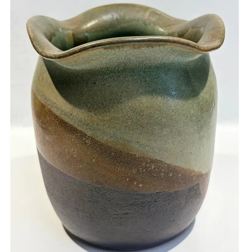 Art Pottery Vase/Urn Beautifully Glazed- Ruffled Rim- 5” Tall, 4” Wide- Signed ‘87