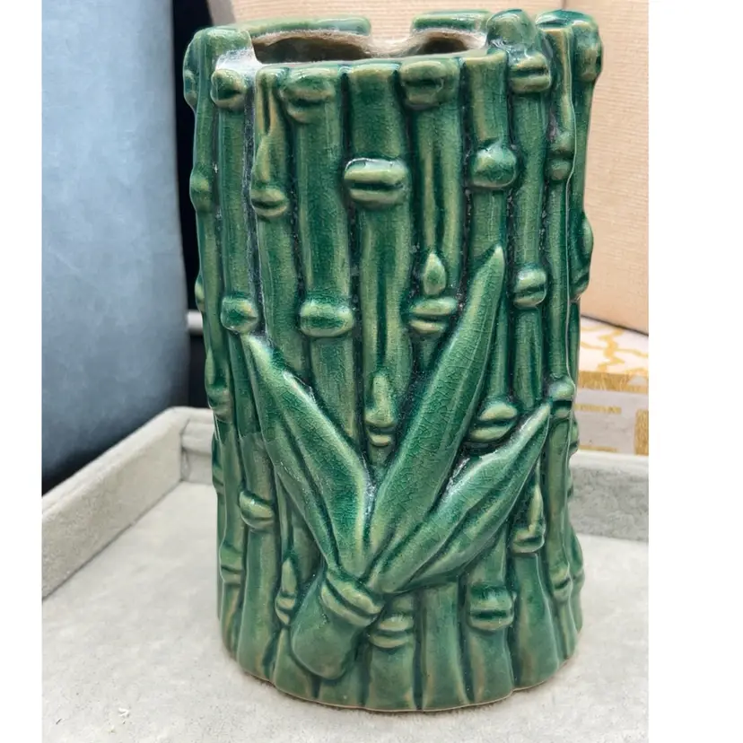 #01 Vintage Green Bamboo Ceramic Vase Planter Chinoiserie Hollywood Regency 6.5”