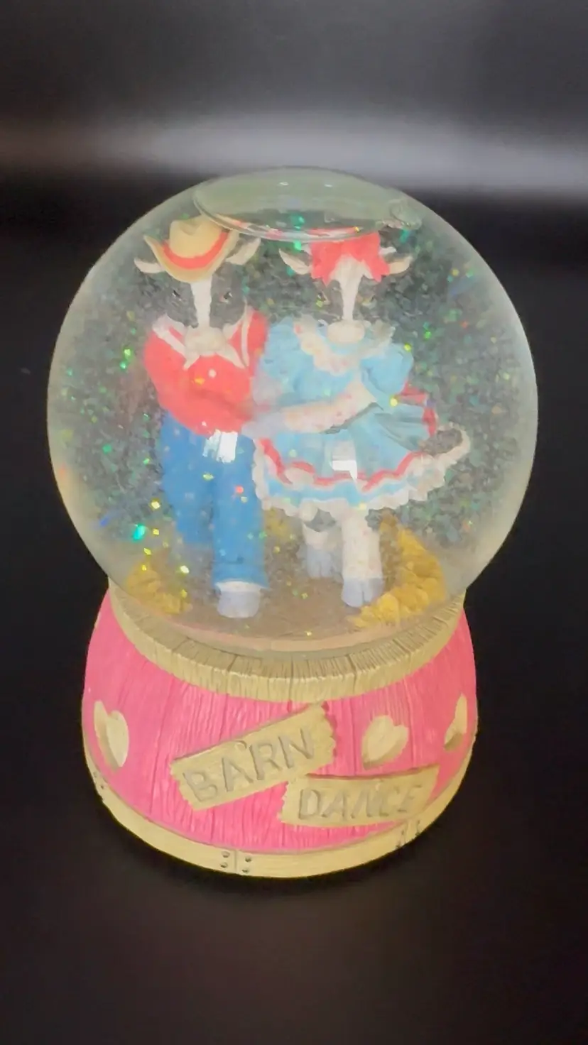 San Francisco Music Box Barn Dance Cow Couple Water Globe Pink Barrel Decor