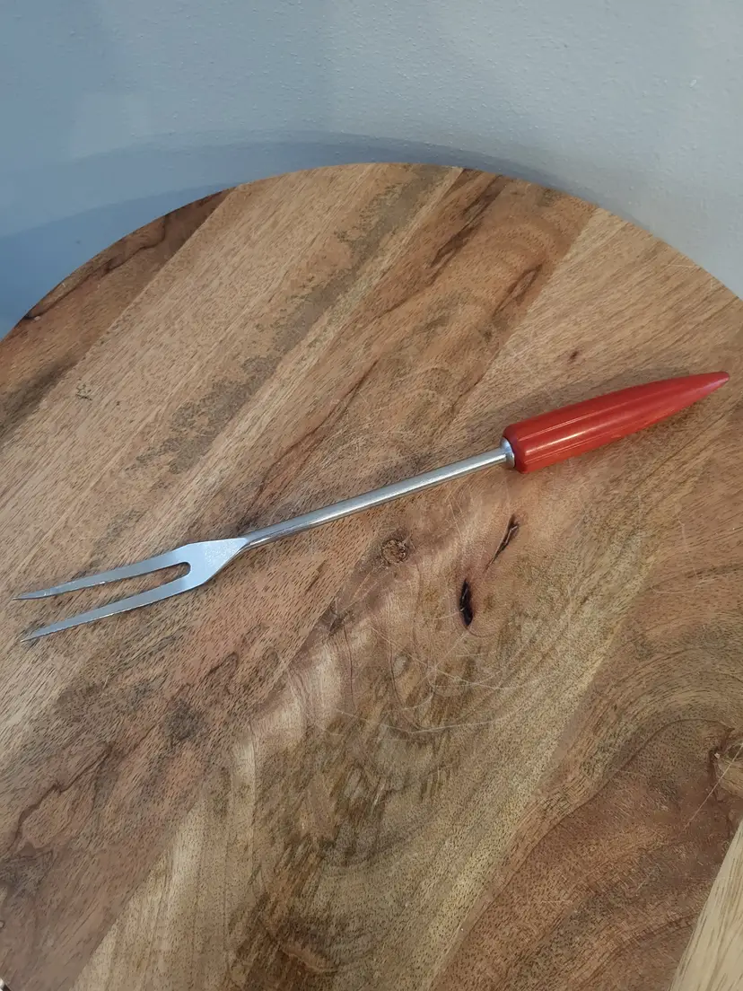 Vintage Androck Stainless Red Bullet Handle 2 Prong Fork