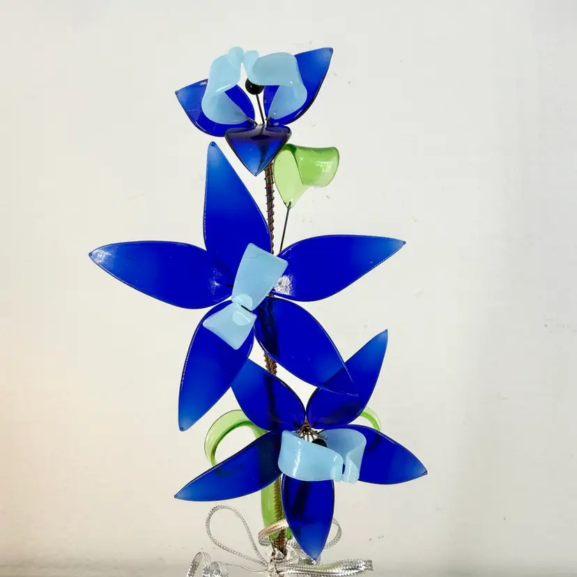 Czech Glass Floral Bouquet with Vase. Dark Blue, Light Blue, Green, Clear. Hand Crafted. NOS. 12” X 3”