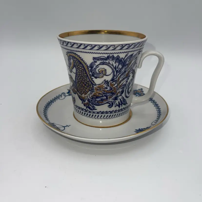 Lomonosov Tea Cup & Saucer USSR Blue Gold Floral Cobalt Horse Figures Signed HTF