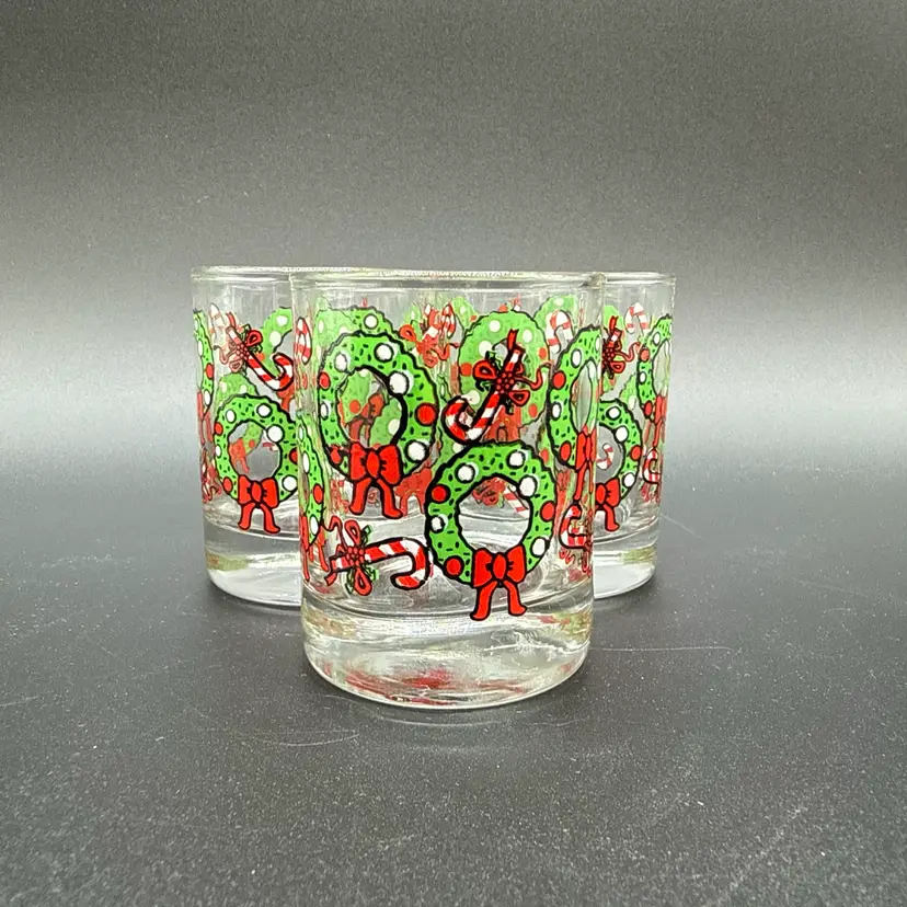 Lot 3 Christmas Wreath Candy Cane 2.8oz Shot Glasses
