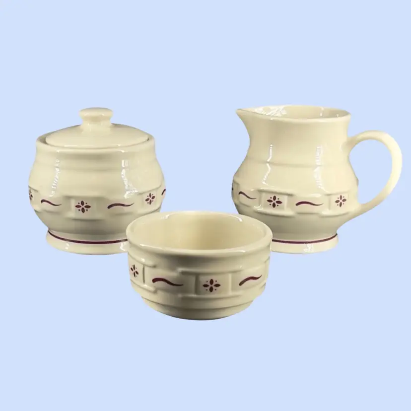 #364- Vintage Cream Sugar Condiment Set Longaberger Pottery 4pc Ivory Woven Traditions Burgundy Flower & Embossed Basketweave Pattern USA