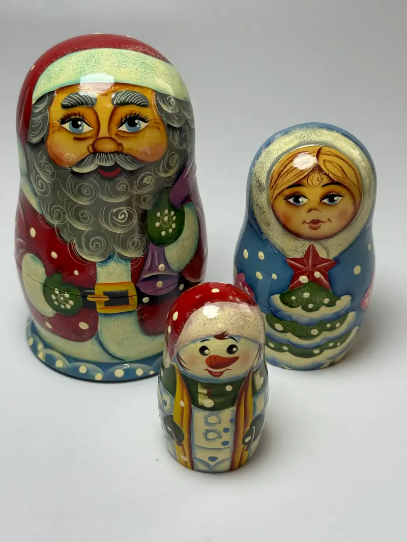 Vintage Russian Matryoshka Nesting Dolls 3 Piece Signed Santa Snowman Princess