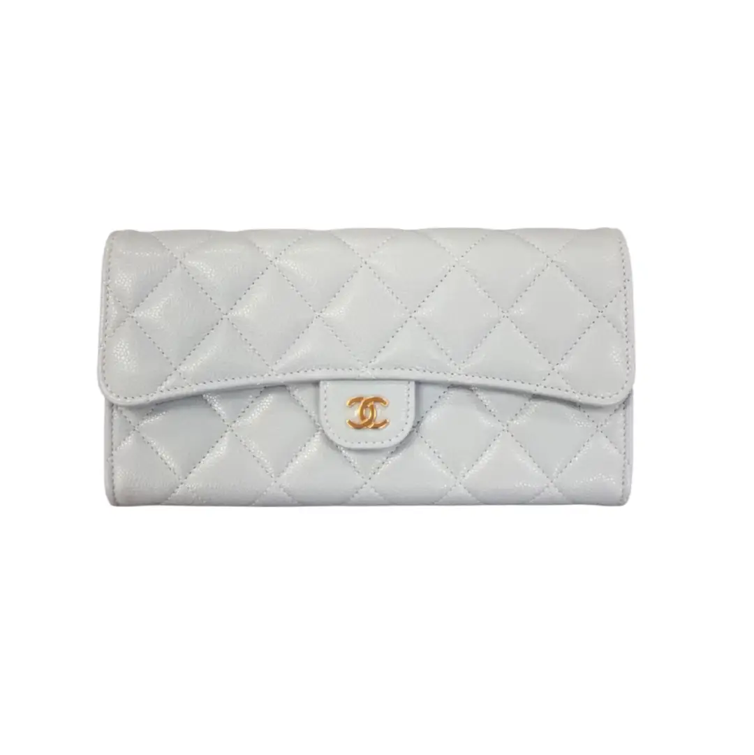 Chanel Light Blue Caviar Quilted Large Gusset Flap Wallet