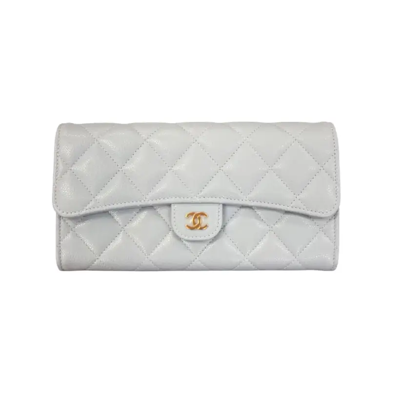 Chanel Light Blue Caviar Quilted Large Gusset Flap Wallet