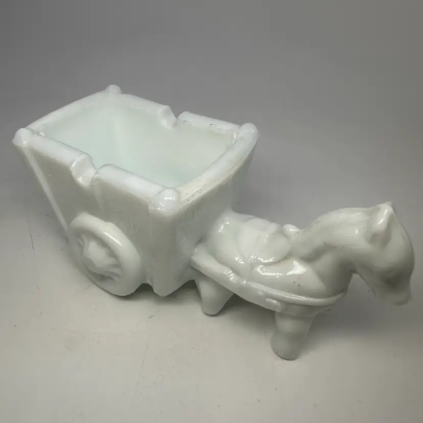 Vintage 1950's Milk Glass Donkey Drawn Cart Ashtray Toothpick Holder