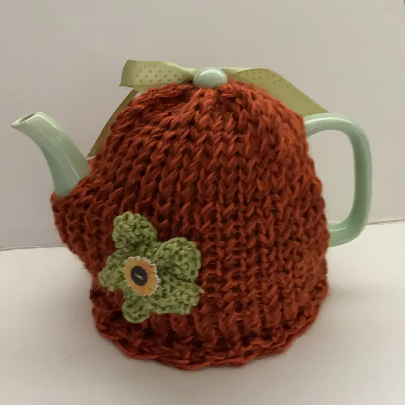 Large Knitted Teapot Cozy Made By Me With Sunflower Button