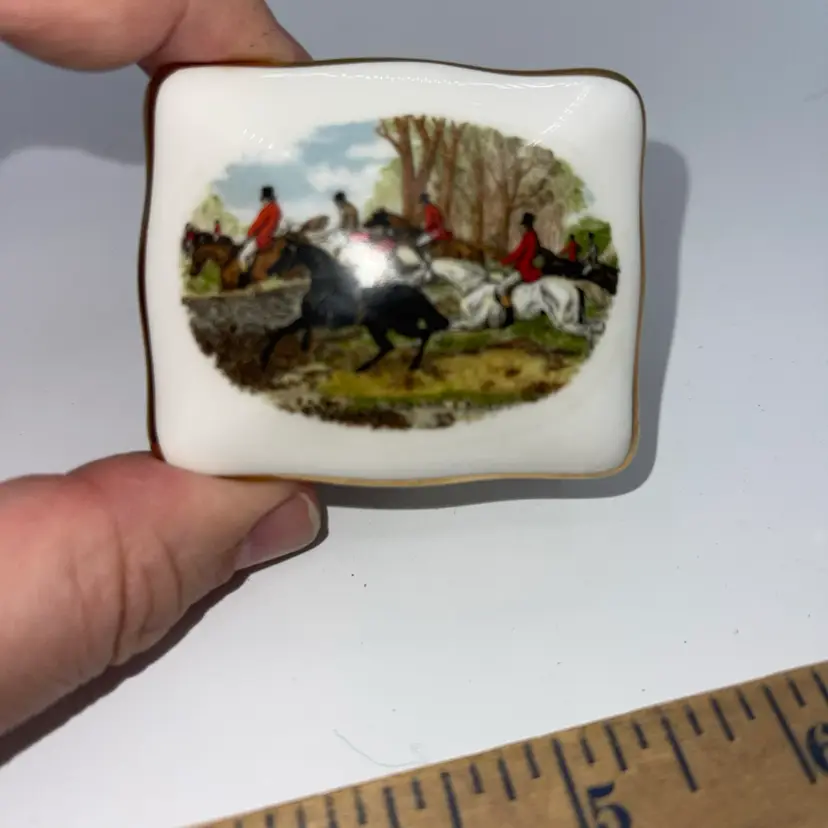 Hammersley Fox Hunt Square Gold Trim Fine Bone China Trinket Box England