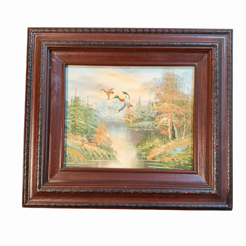 Vintage 1960s Original Signed Oil Painting – Framed Landscape with Mallard Ducks