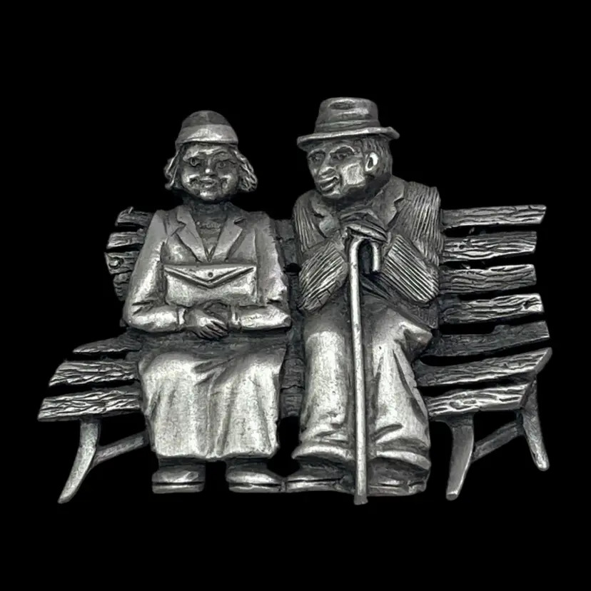 Vintage JJ Brooch Of Elderly Couple On Bench