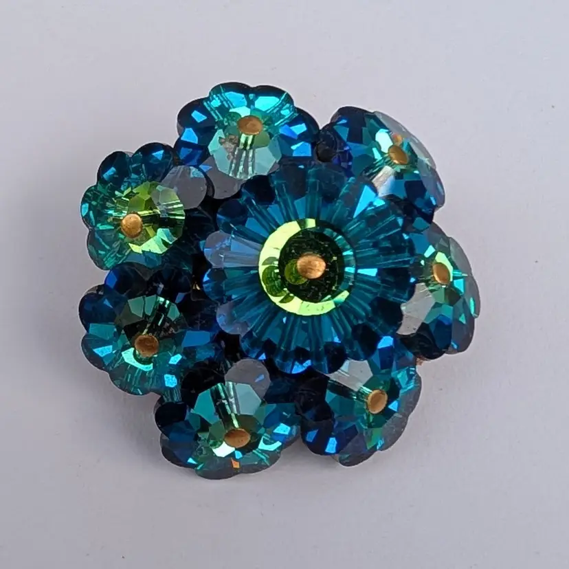 Vintage Blue Green Margarita Rivoli Rhinestone Brooch Cluster Flower Glass Beads