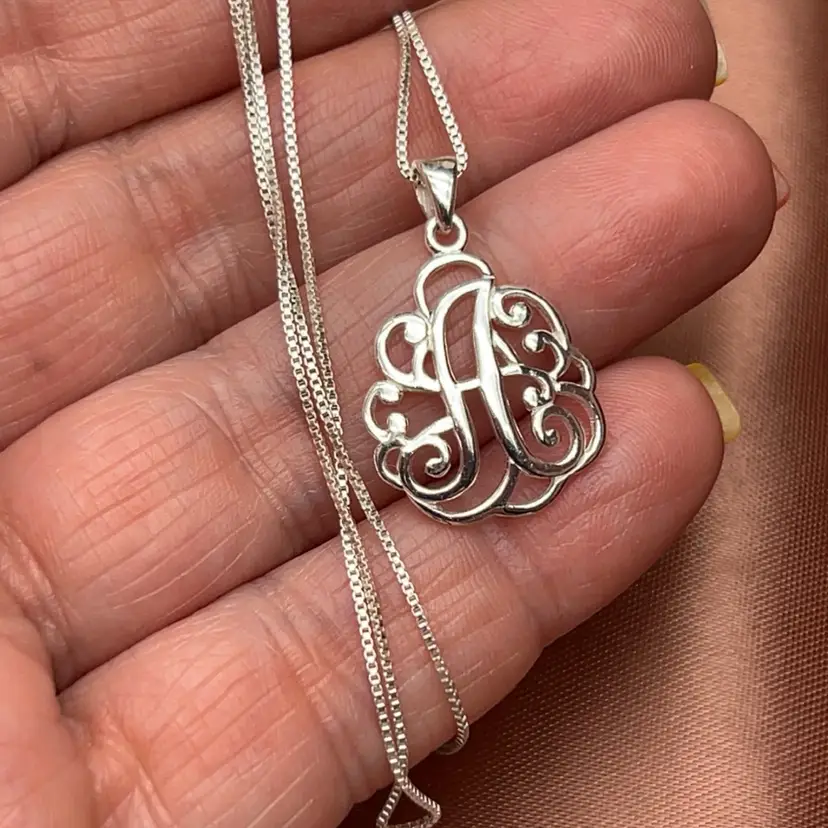 925 Sterling Silver 18” Box Chain Ornate Script Initial A Monogram Pendant