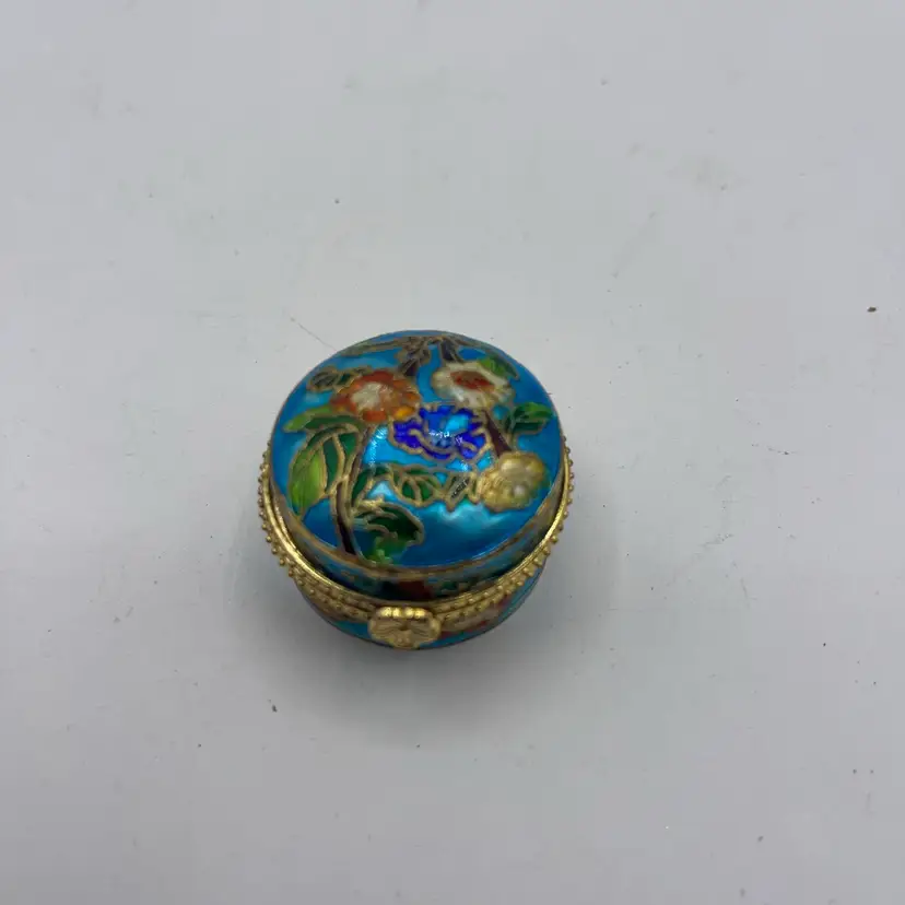 01-cloisonné And Enamel Floral Trinket Box Blue With Multicolored Flowers One And A Half Inches