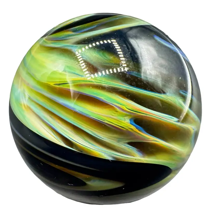 Contemporary Boro Art Glass Marble Fumed Swirl Green Blue Black 1.53”