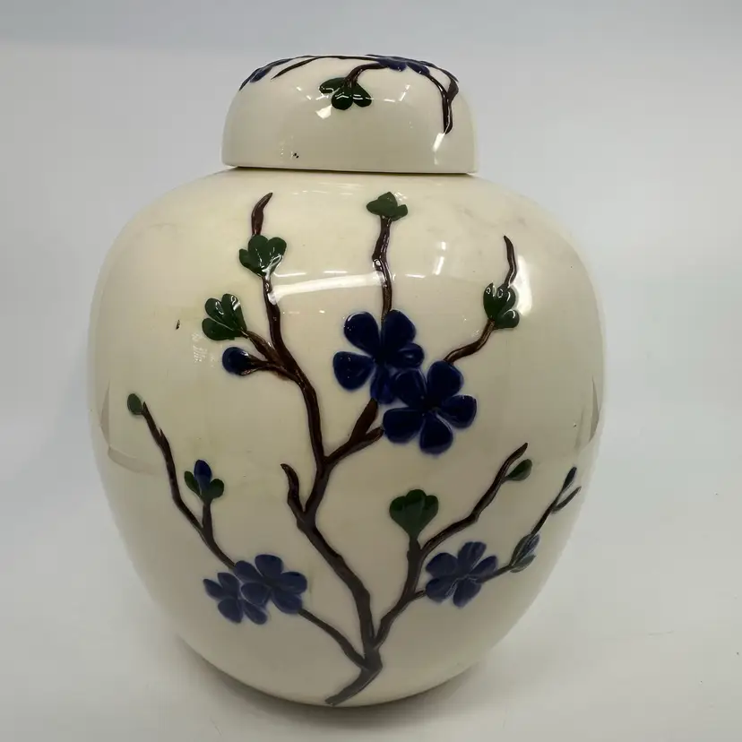 Vintage 1977 White Ginger Jar with Blue Cherry Blossoms