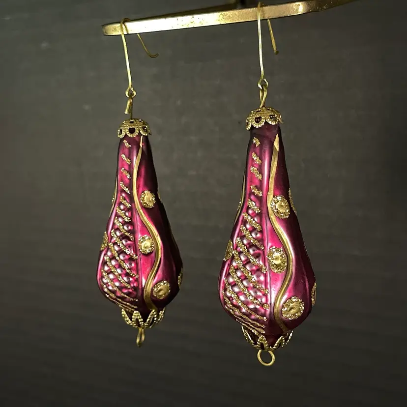 🌊🎄☀️ $1 BANGER: Statement Magenta & Gold Glitter Mercury Glass Christmas Ornament Hook Earrings 3.5"