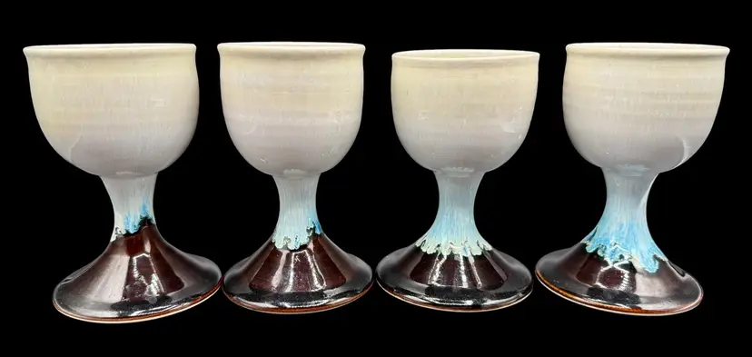Set of 4 Signed Schumacher Vintage Studio Art Pottery Goblet Chalice Drip Glaze