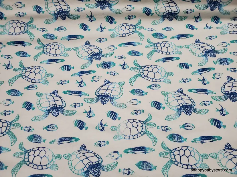 Sea Turtles on White Flannel Fabric Remnant - 100% Cotton - Choose Size - Soft Craft & Quilting Fabric
